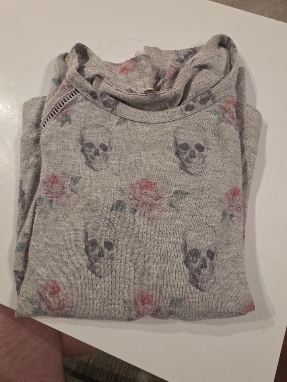P.J. Salvage Gray Sweatshirt with Skull & Rose Print